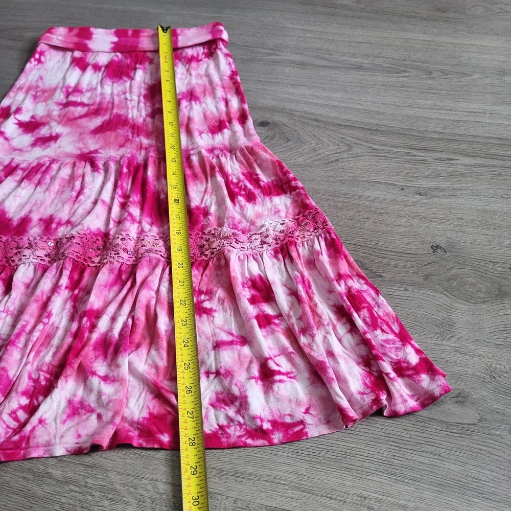 Justice Girls Pink Tie Dye Tiered Maxi Skirt Lace Trim Boho Festival Flowy 10
